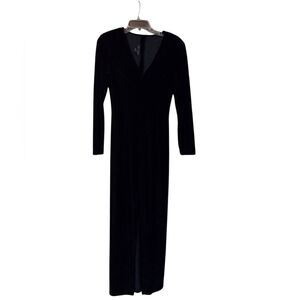 Vtg Scott McClintock Velvet Maxi Dress Black V Neck Front Slit Form Fitting Sz 6